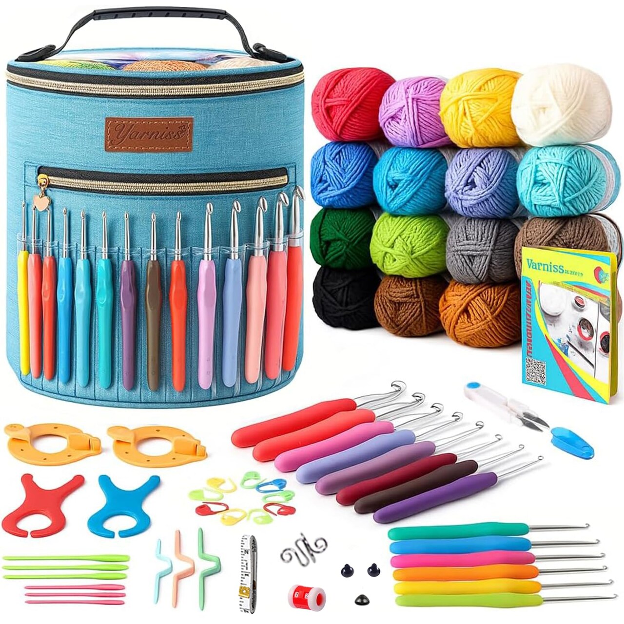 Crochet Kits for Beginners,1120 Yards Yarn Kits 16 Colors,Crochet Set with 14 Size Ergonomic Crochet Hooks 2.0mm~14mm,Crochet Bag Organizer